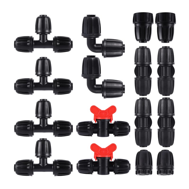 FOGWOWO 16 Pcs 1/2 inch Tubing Irrigation Fittings Kit  For (1/2"" ID x0.6-0.63"" OD) 16mm Drip Tubing Barbed Locked Nuts Connectors 2 Ends 2 Elbows 2 Switch Valves 2 US Standard Adapters 4 Tees 4 Couplings - Image 1